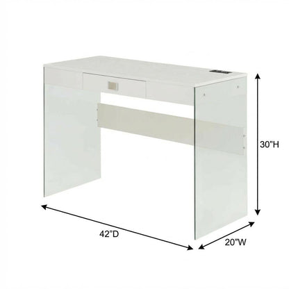 White 42 Inch Glass Desk With Built-In Charging Station And Modern Design