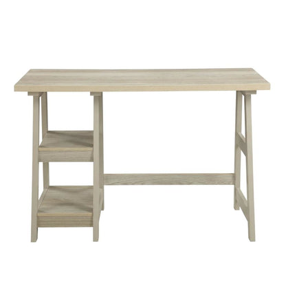 Rustic Trestle Desk With Shelves And Melamine Finish For Office Spaces