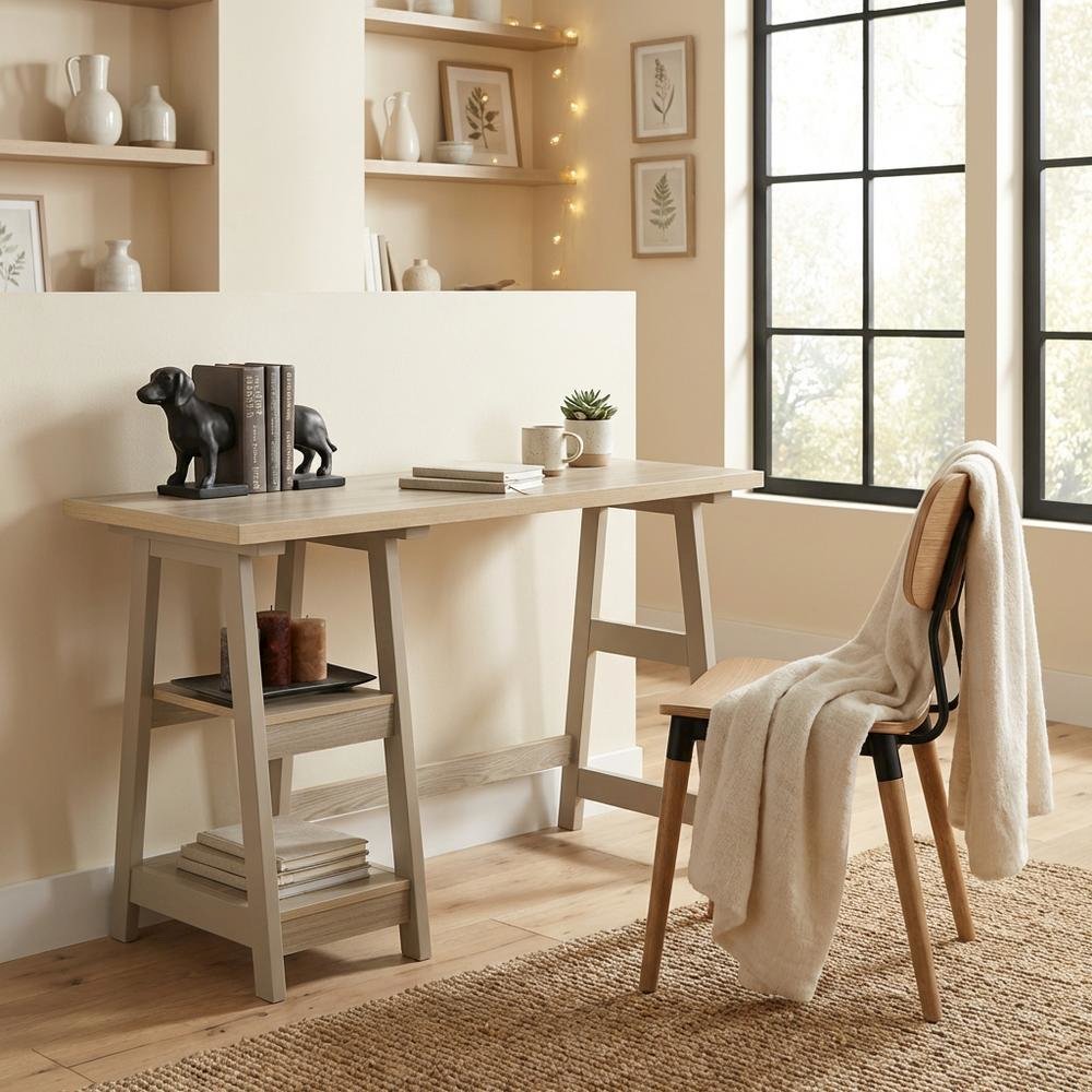 Rustic Trestle Desk With Shelves And Melamine Finish For Office Spaces