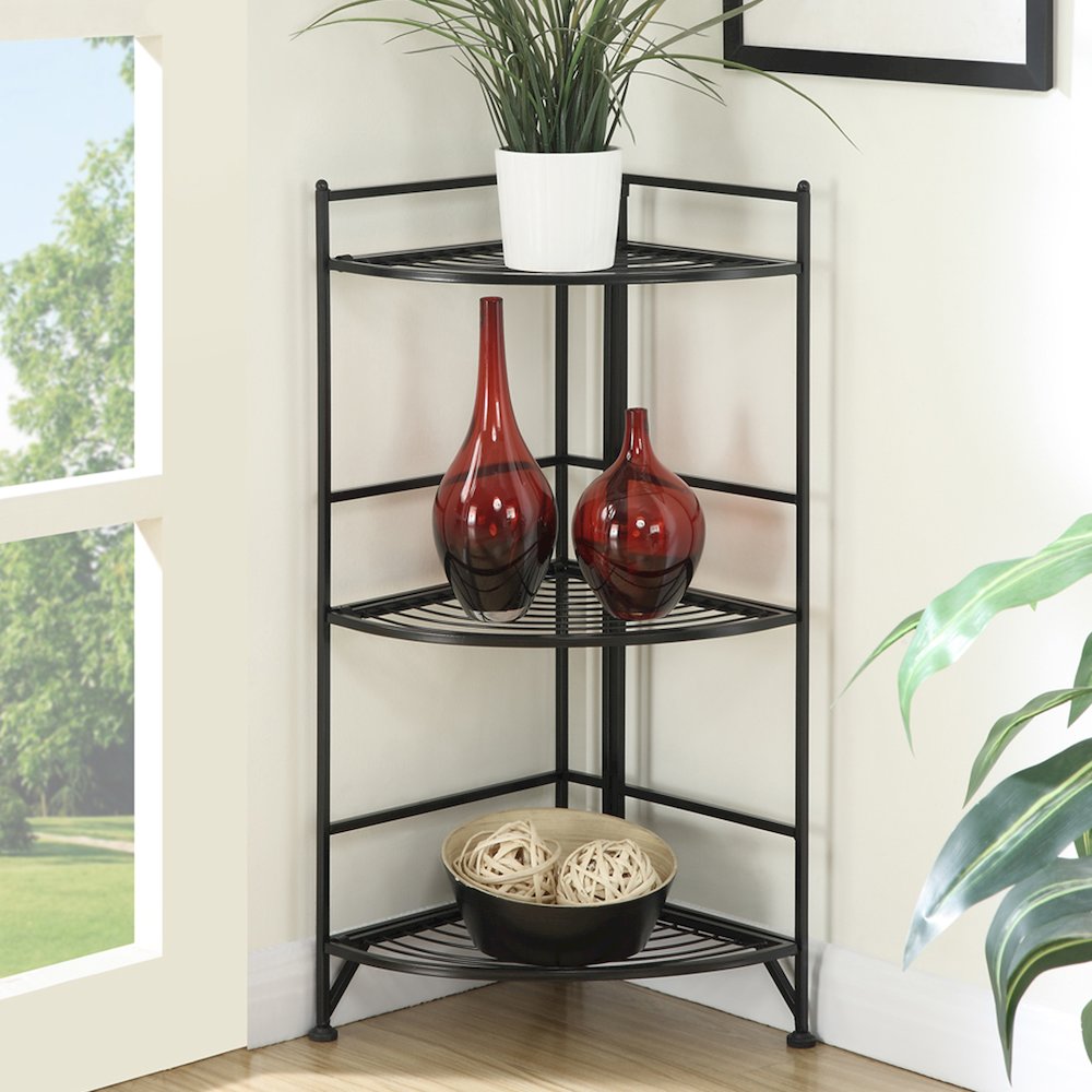 Xtra Storage 3 Tier Corner Folding Metal Corner Shelf Black