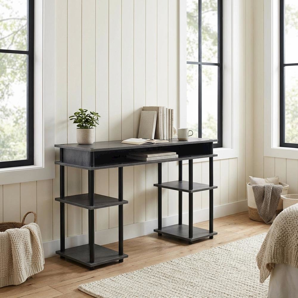 Charcoal Gray Office Desk With Modern Melamine Finish And Steel Accents