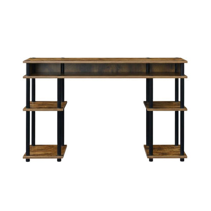 Wooden Student Desk, Shelves, Barnwood Finish, Melamine Surface, Steel Accents