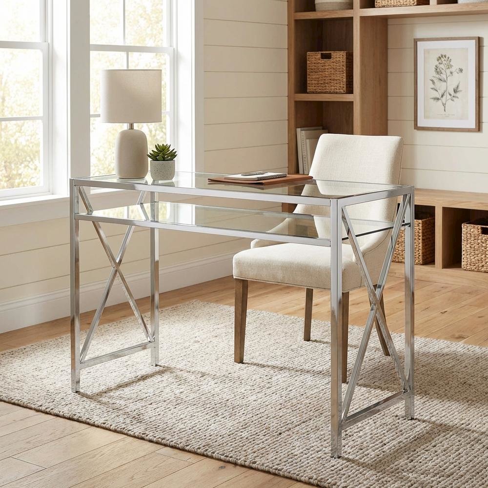 Modern Chrome And Clear Glass 42-Inch Desk With Sleek Design For Office Use