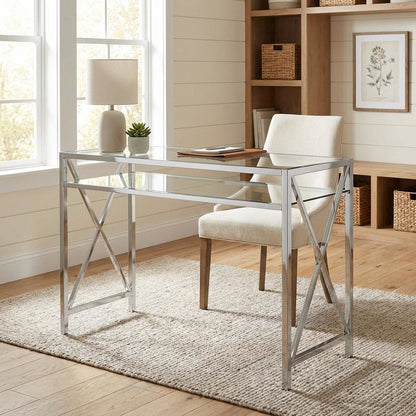 Modern Chrome And Clear Glass 42-Inch Desk With Sleek Design For Office Use