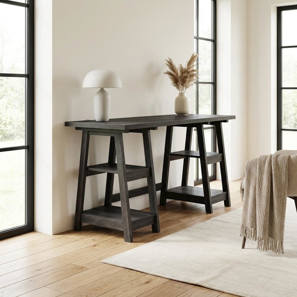 Wooden Trestle Desk With Shelves And Melamine Overlay For Office Space