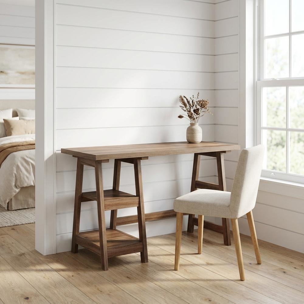 Modern Distressed Wood Office Desk With Shelves, Mdf And Melamine Overlay