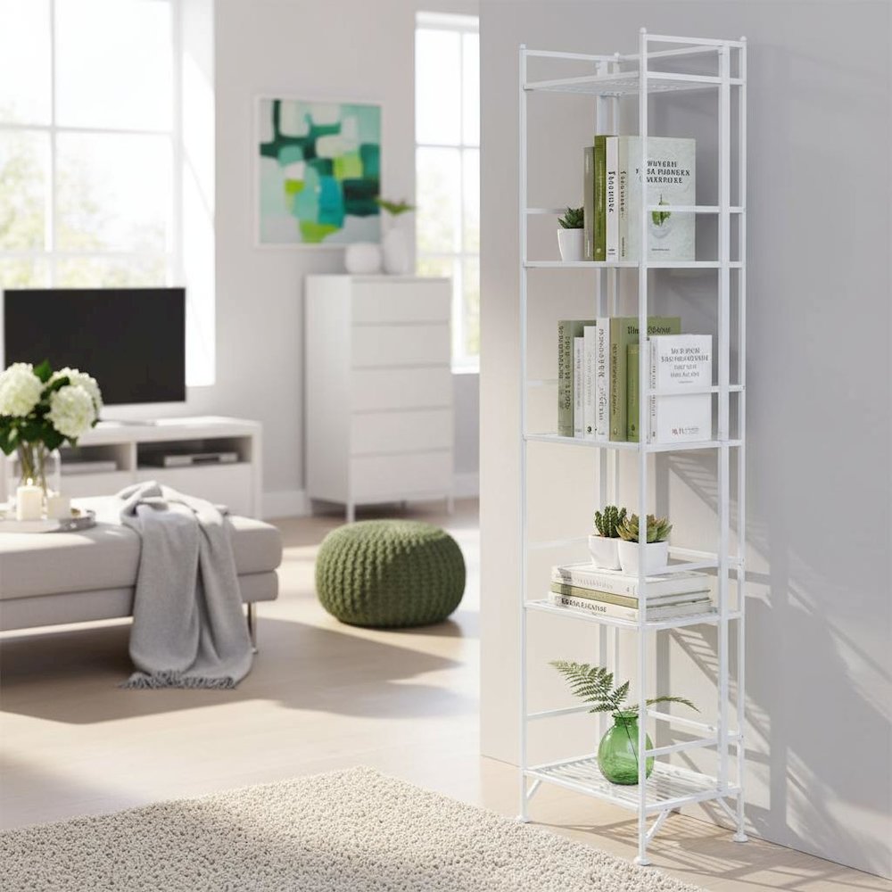 Folding Metal Shelf, White, 5 Tier, Storage, Easy Assembly