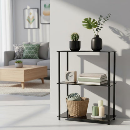 3 Tier Bookshelf, Black Glass, Chrome, Modern, Display