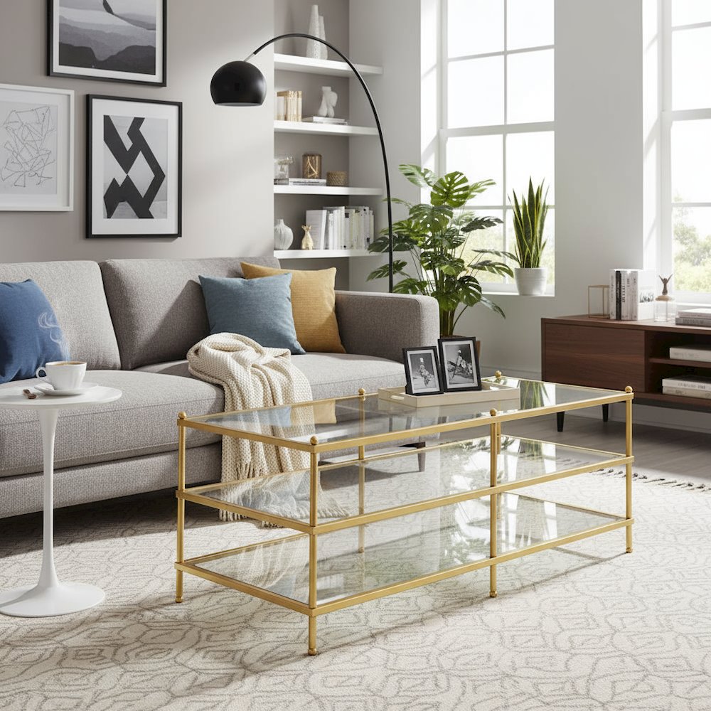 3-Tier Coffee Table Rectangular Shape, Clear Glass, Gold Frame, Metal Furniture