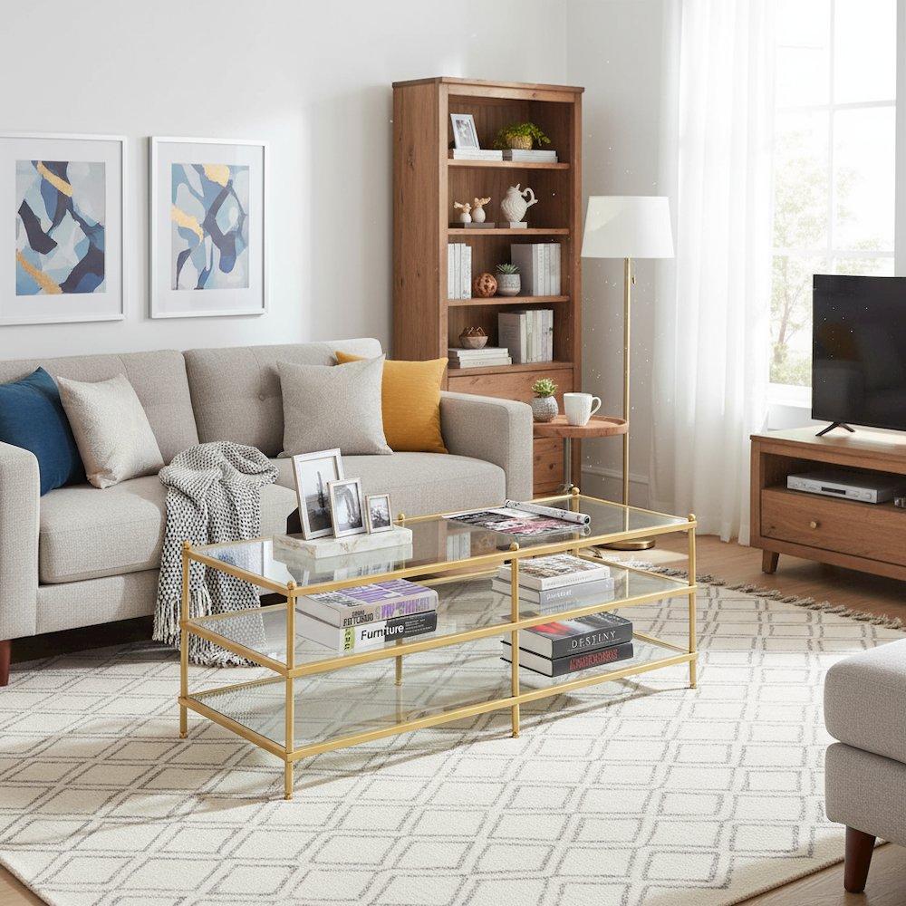 3-Tier Coffee Table Rectangular Shape, Clear Glass, Gold Frame, Metal Furniture