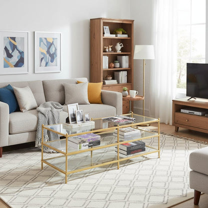 3-Tier Coffee Table Rectangular Shape, Clear Glass, Gold Frame, Metal Furniture