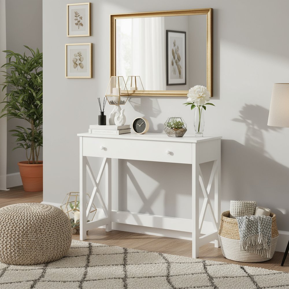 36-inch Office Desk Transitional Style, White Wood, Two Drawer Knobs