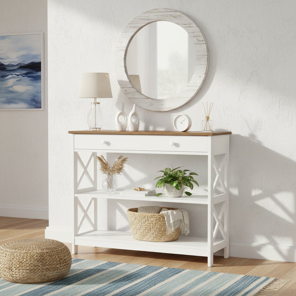 Console Table with 1 Drawer and 3 Shelves, Brown Wood, Smooth Roller Slides