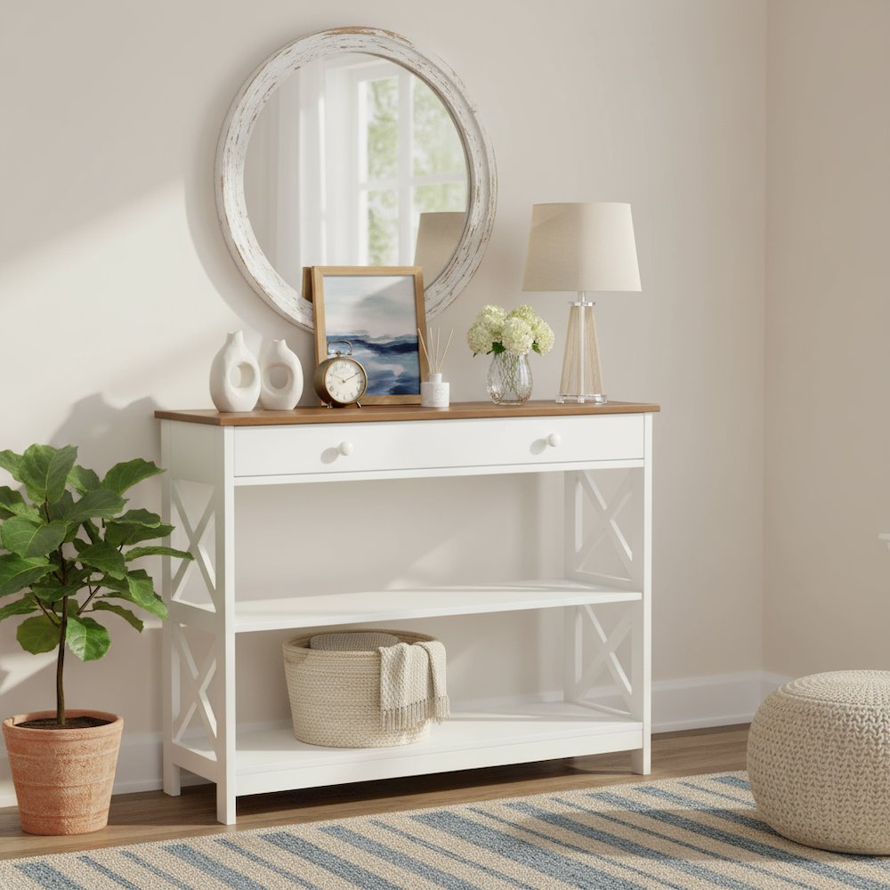 Console Table with 1 Drawer and 3 Shelves, Brown Wood, Smooth Roller Slides