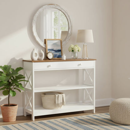 Console Table with 1 Drawer and 3 Shelves, Brown Wood, Smooth Roller Slides
