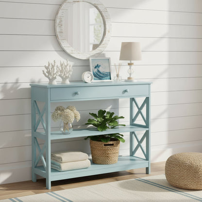 Console Cabinet with 1 Drawer and Shelves, 3 Tiers of Storage in Blue Color