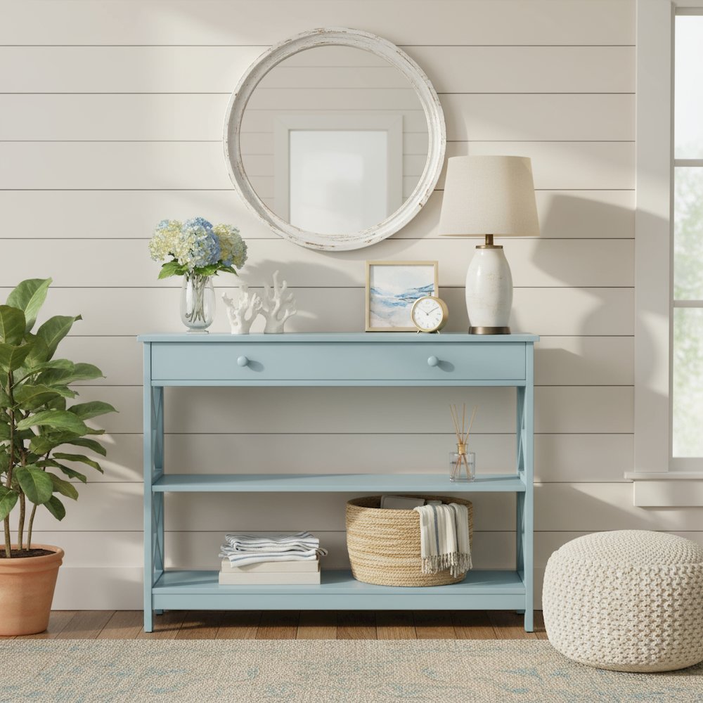 Console Cabinet with 1 Drawer and Shelves, 3 Tiers of Storage in Blue Color