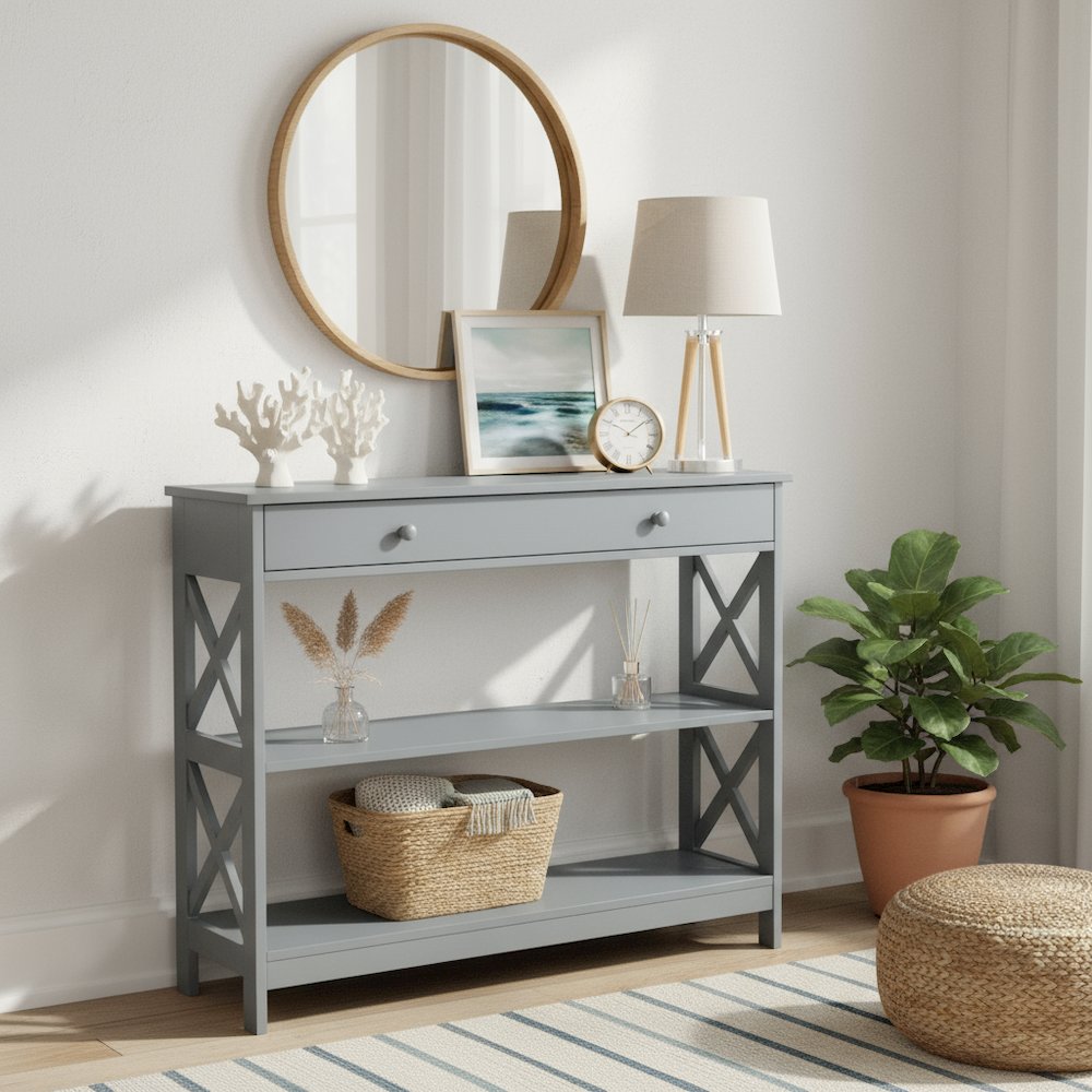 Console Table with 1 Drawer and 3 Tiers of Shelving, Gray Wood, 12-inch Depth