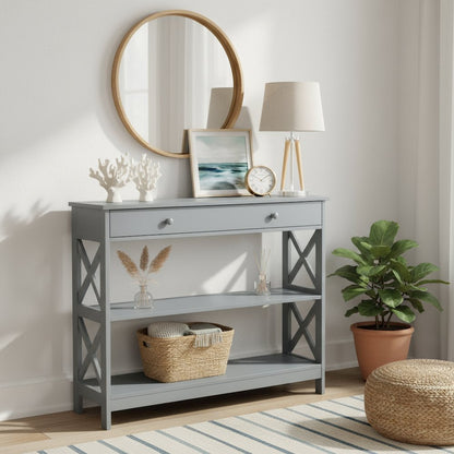 Console Table with 1 Drawer and 3 Tiers of Shelving, Gray Wood, 12-inch Depth