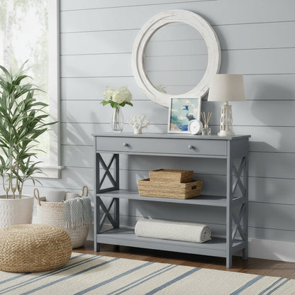 Console Table with 1 Drawer and 3 Tiers of Shelving, Gray Wood, 12-inch Depth