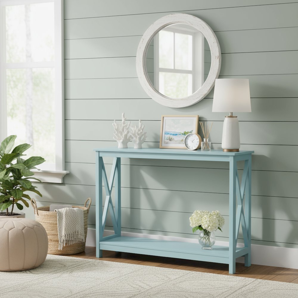 Console Table 2 Shelves, 39.5-inch Wide, Spacious Design, Blue Woodgrain Accent