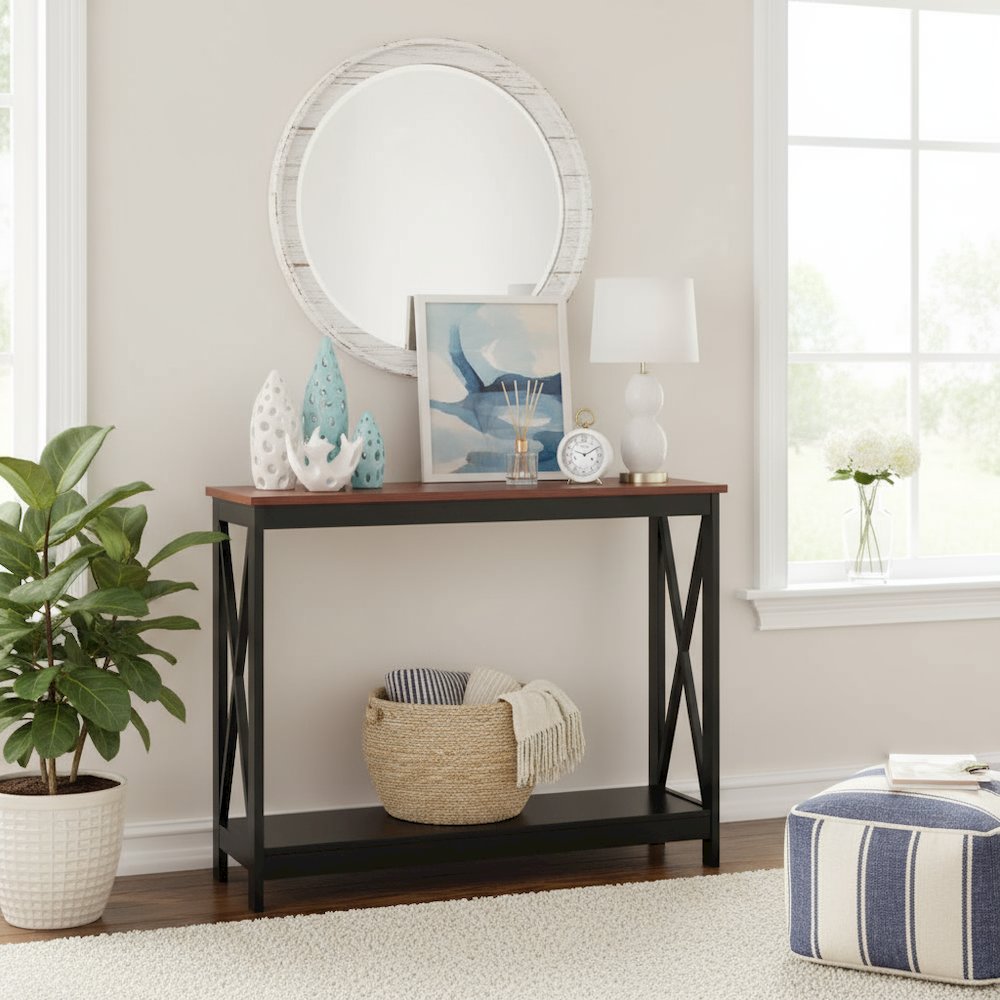 Console Table with Two Shelves in Brown Woodgrain Finish, Easy to Assemble Piece