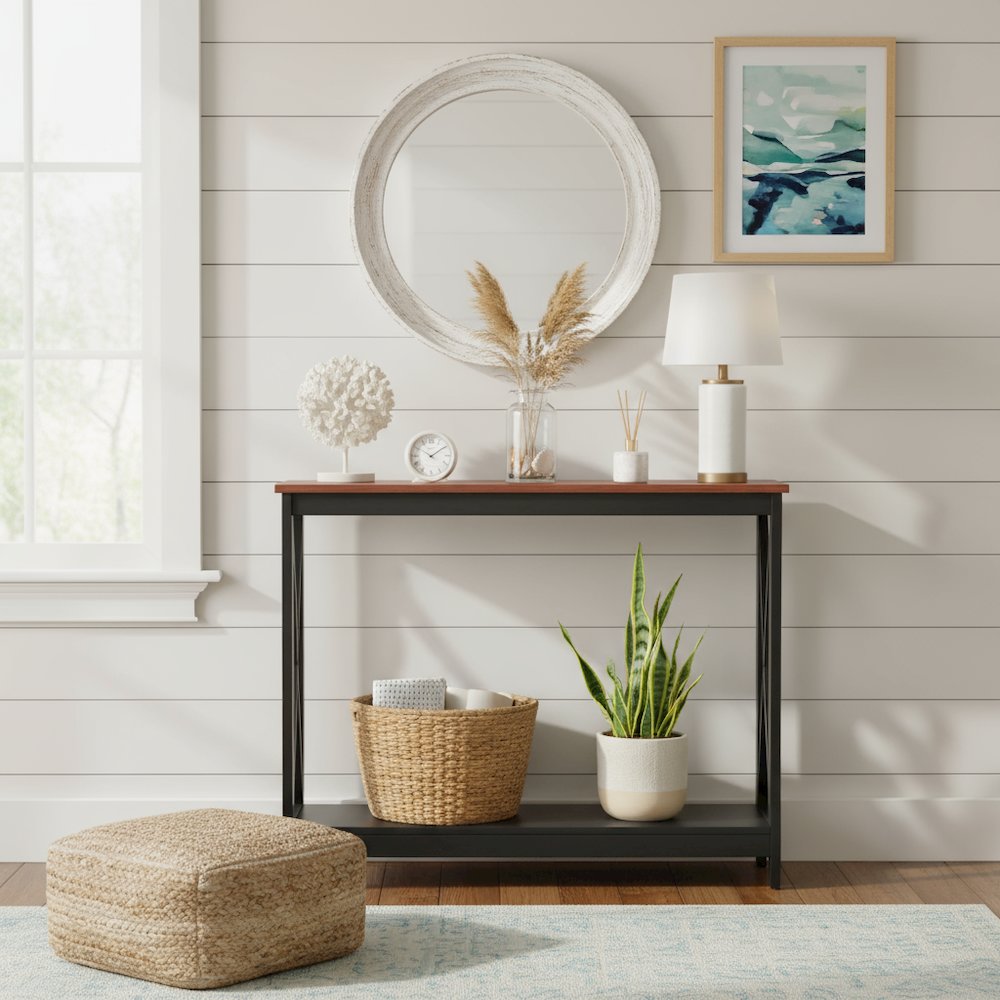 Console Table with Two Shelves in Brown Woodgrain Finish, Easy to Assemble Piece