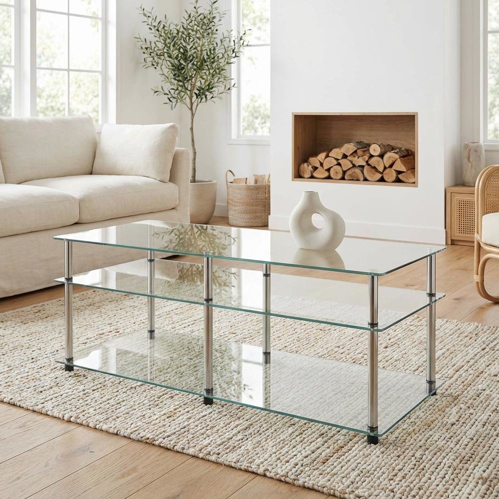 Glass 3-Tier Coffee Table with Tempered Glass Shelves and Modern Design