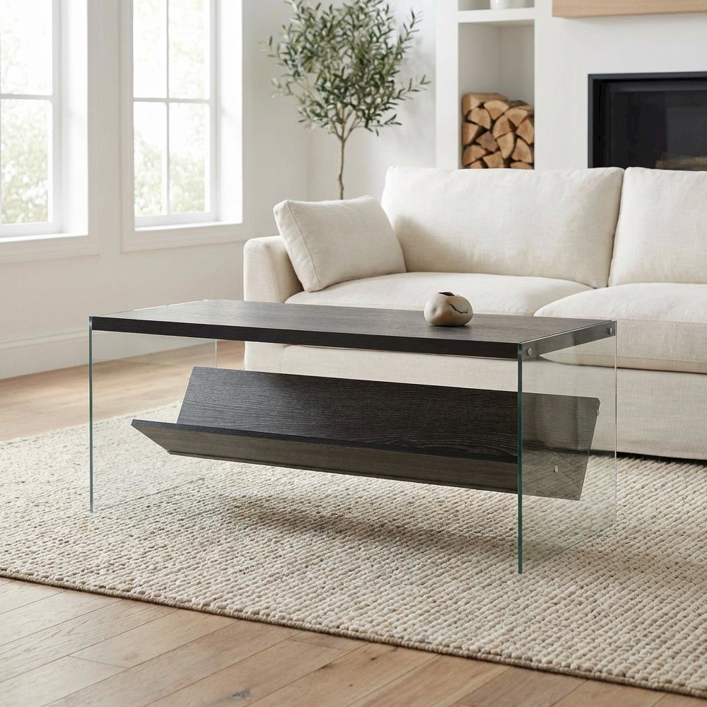 Glass Coffee Table with Shelf in Clear Contemporary Design and Sturdy Build