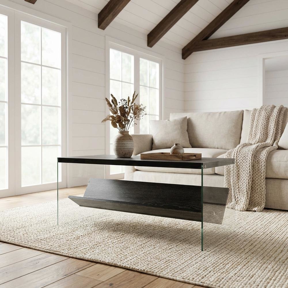 Glass Coffee Table with Shelf in Clear Contemporary Design and Sturdy Build