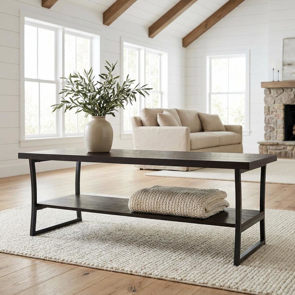 Espresso Coffee Table with Slate Gray Frame Hollow Core Construction