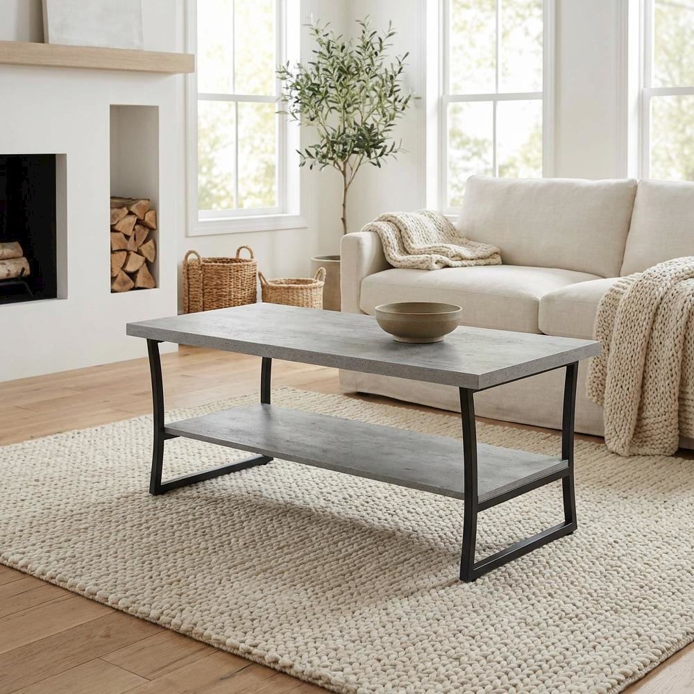 Faux Birch Coffee Table with Slate Gray Frame and Hollow Core Construction