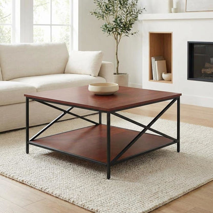 Cherry and Black Metal Square Coffee Table with Shelf and Particle Board Surface