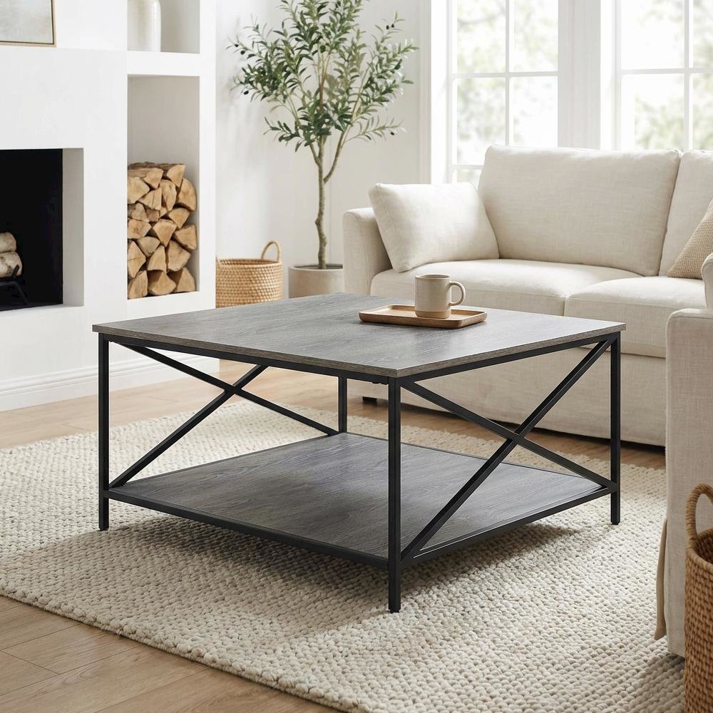 Metal Square Coffee Table Weathered Gray/Black with Shelf Particle Board