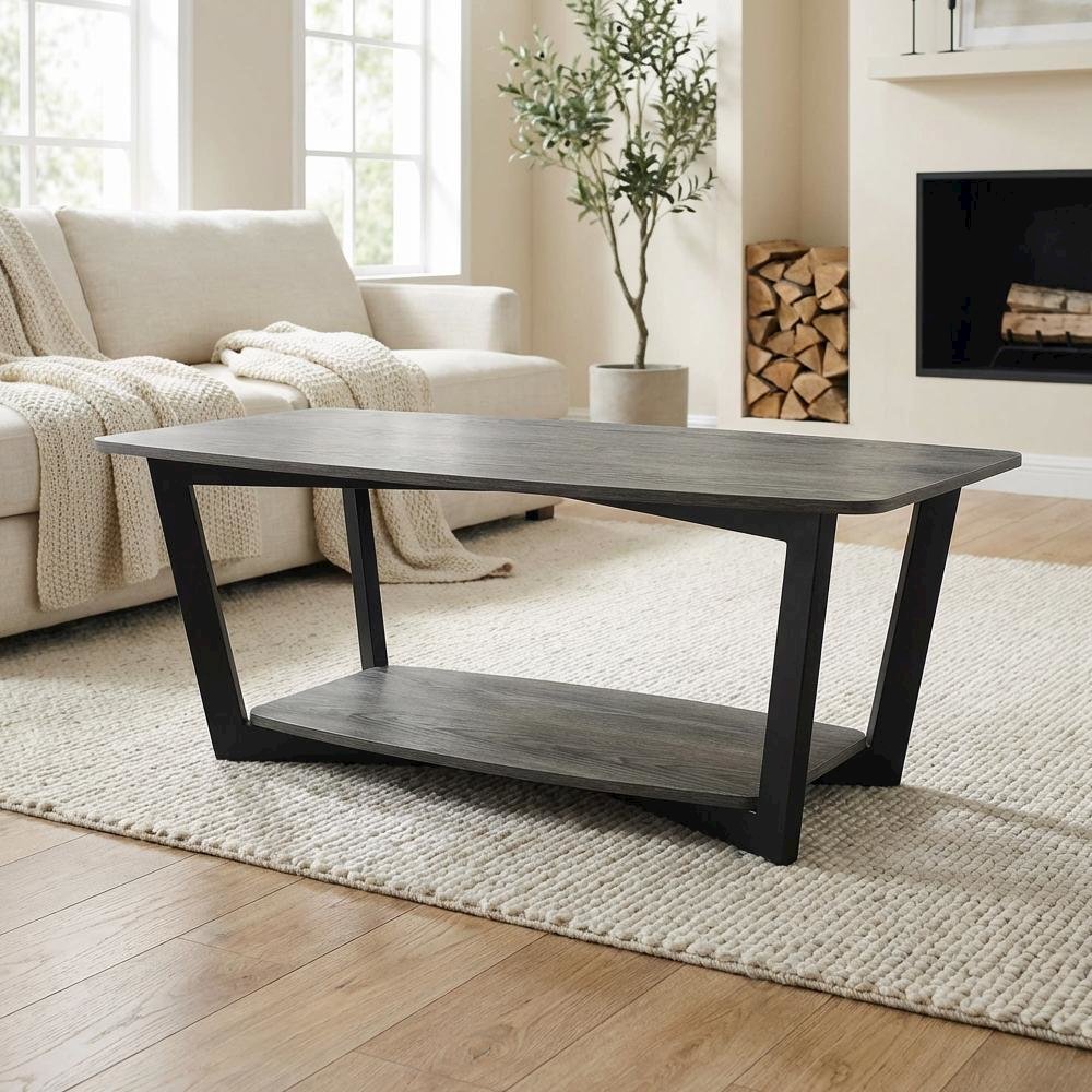 Weathered Gray Coffee Table with Black Frame and Shelf Urban Industrial Style
