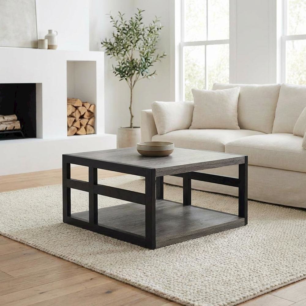 Weathered Gray Black Coffee Table with Shelf and Contemporary Style