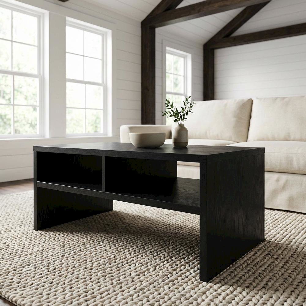 Black Honeycomb Coffee Table with Shelves and Sturdy Frame for Living Room
