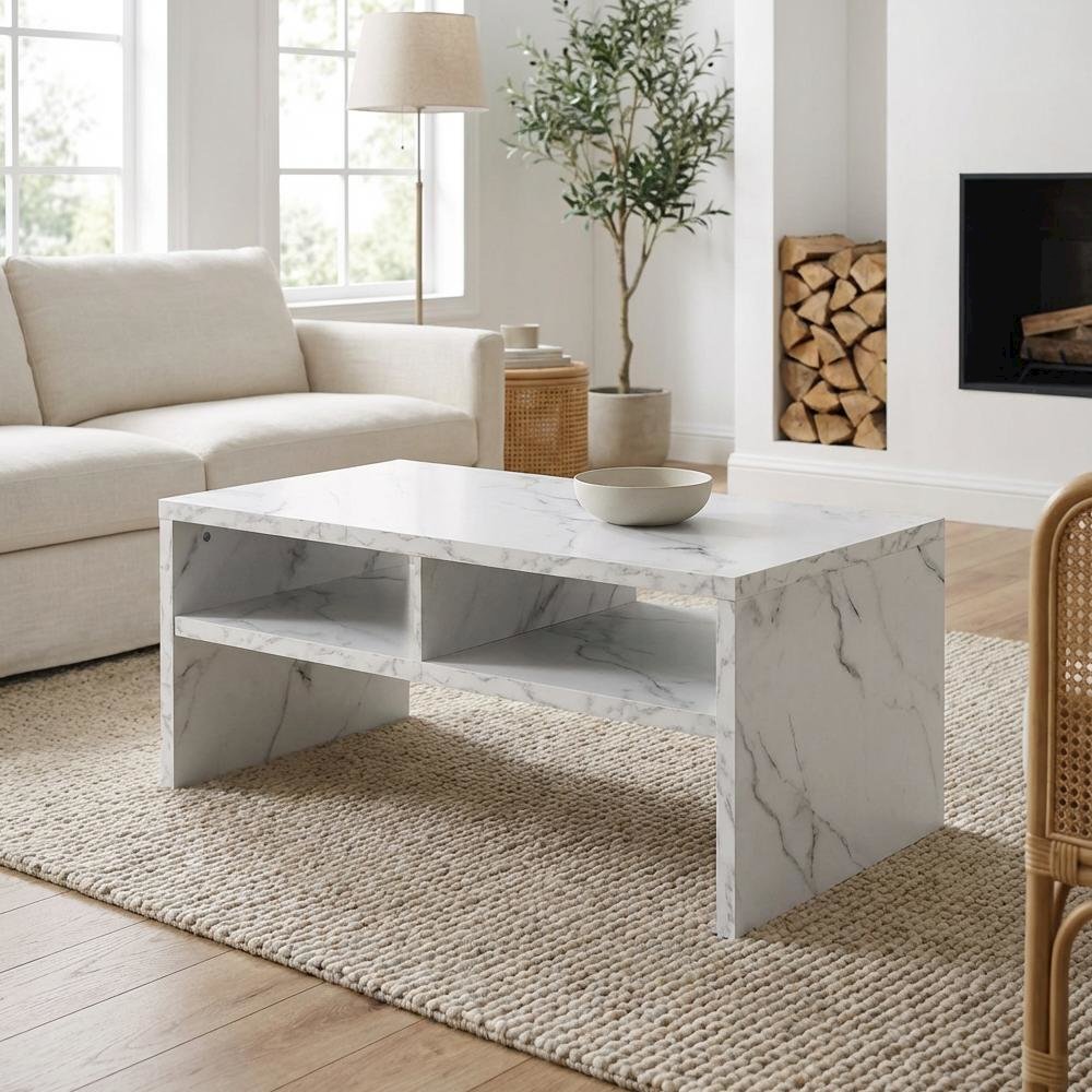 White Faux Marble Coffee Table with Honeycomb Material and Shelves for Storage