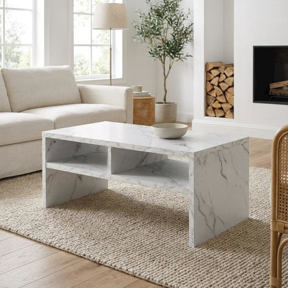 White Faux Marble Coffee Table with Honeycomb Material and Shelves for Storage