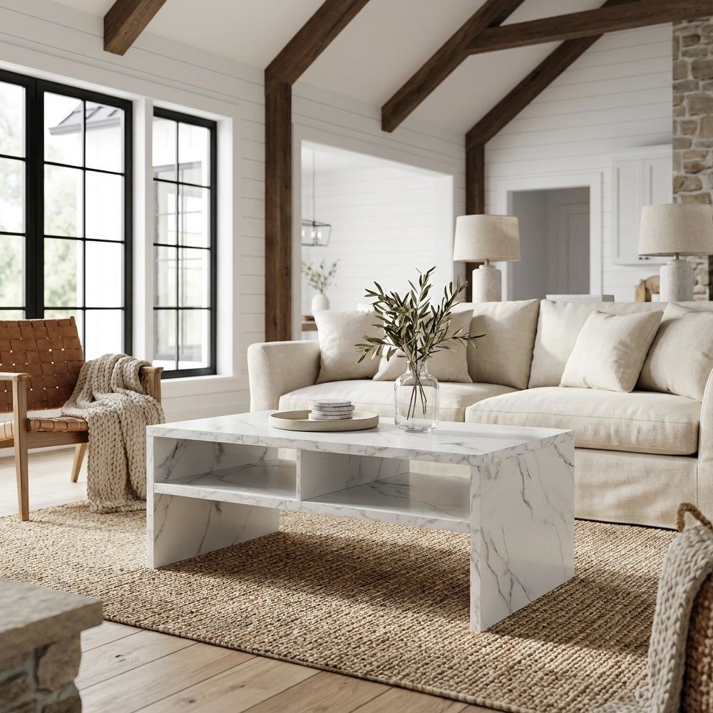 White Faux Marble Coffee Table with Honeycomb Material and Shelves for Storage