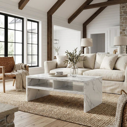 White Faux Marble Coffee Table with Honeycomb Material and Shelves for Storage