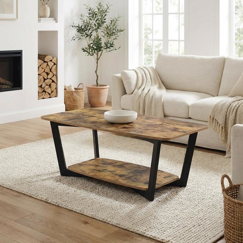 Barnwood Black Coffee Table with Shelf and Sturdy Frame for Living Room
