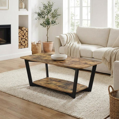 Barnwood Black Coffee Table with Shelf and Sturdy Frame for Living Room