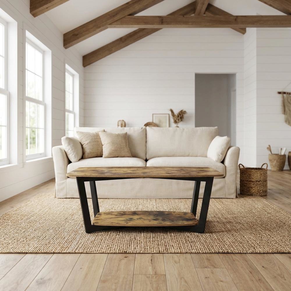 Barnwood Black Coffee Table with Shelf and Sturdy Frame for Living Room