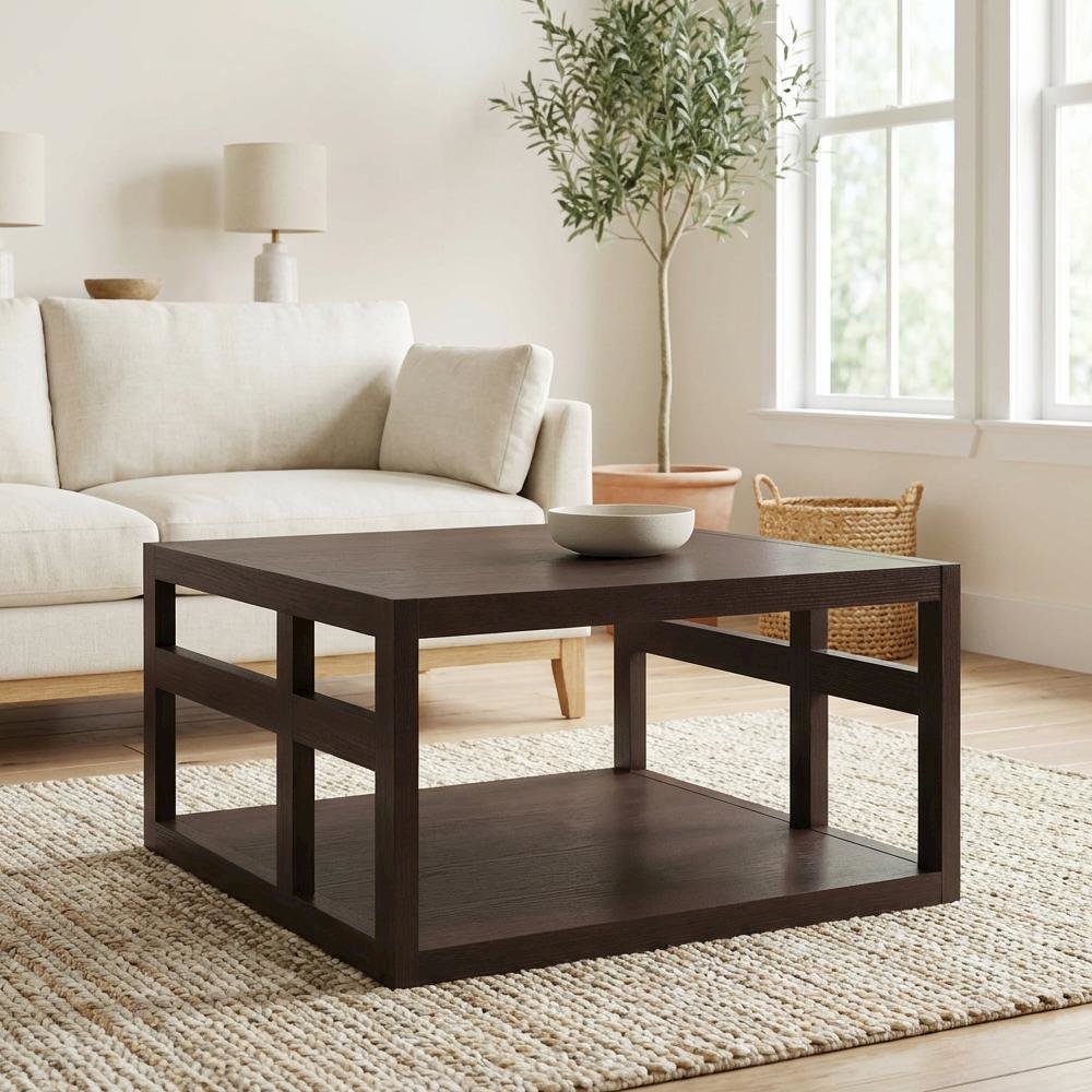 Square Coffee Table in Neutral Finish with Lower Shelf and Contemporary Design