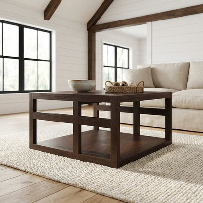 Square Coffee Table in Neutral Finish with Lower Shelf and Contemporary Design