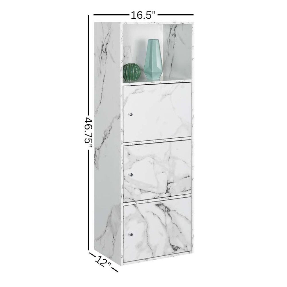 Storage Cabinet with 3 Doors, White Faux Marble, Magnetic Hinges, Chrome Knob