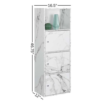 Storage Cabinet with 3 Doors, White Faux Marble, Magnetic Hinges, Chrome Knob