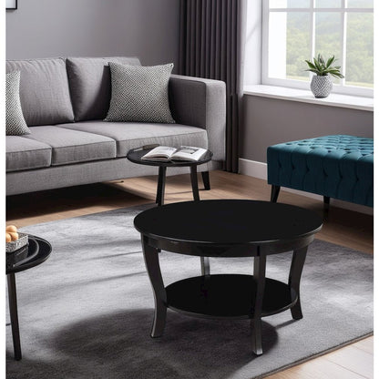 Elegant Black Round Coffee Table with Shelf, MDF Solid Rubberwood Material