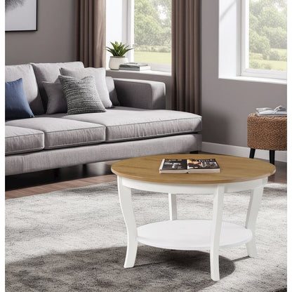 Elegant Brown Round Coffee Table with Shelf, MDF Solid Rubberwood Veneer